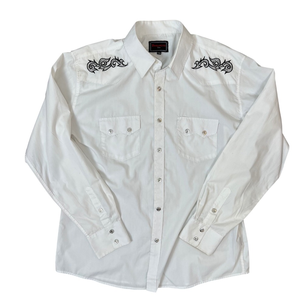 Patroncito USA Mens XXL White‎ Western Snap Shirt Rockabilly Embroidery Cowboy